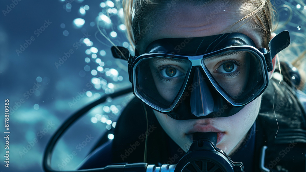 A closeup image of a woman scuba diving, showcasing the excitement and wonder of exploring underwater worlds. Ideal for projects related to adventure, marine life, and exploration A closeup image of a woman scuba diving, showcasing the excitement and wonder of exploring underwater worlds. Ideal for projects related to adventure, marine life, and exploration