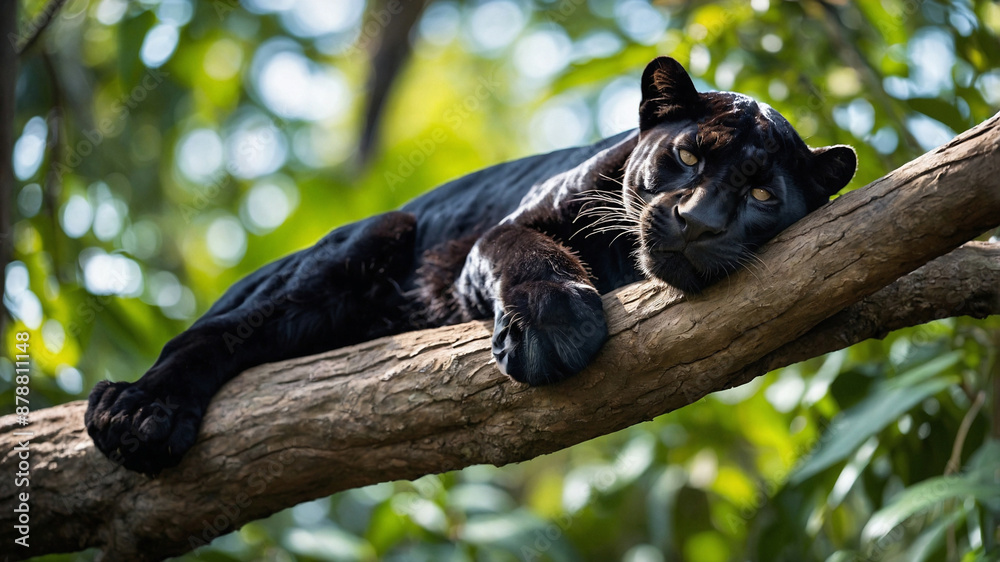 Obraz premium Black panther lounging comfortably on a tree branch in the jungle