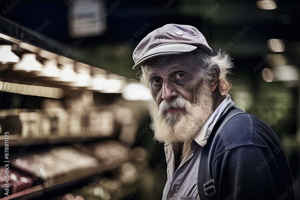 A man with a white hat and beard stands in a store A man with a white hat and beard stands in a store