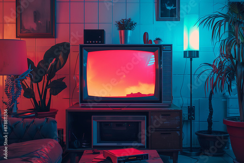 Retro TV, red, blue, and brown, vintage aesthetic, nostalgic 80s vibe,  evoking a sense of nostalgia and a bygone era. 
