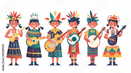 Group of cartoon characters dressed in traditional costumes playing various musical instruments, celebrating cultural diversity and music.