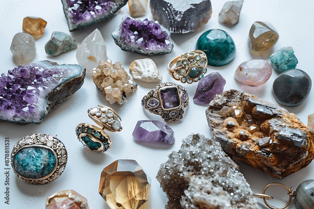 A set of handcrafted jewelry on a backdrop of raw gemstones A set of handcrafted jewelry on a backdrop of raw gemstones