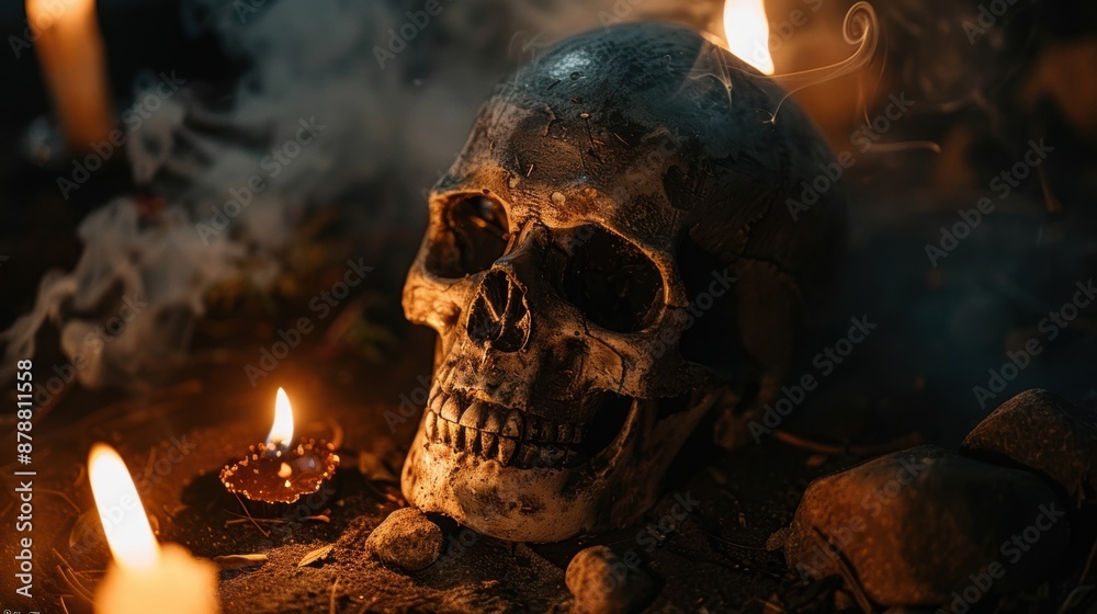 Human skull surrounded by candles and smoke in a dark forest setting Human skull surrounded by candles and smoke in a dark forest setting
