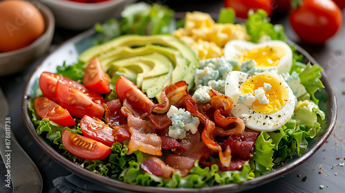 A  delicious and healthy  salad with green , red and  yellow ingredients,  perfect for a  fresh  and satisfying meal. 
 photo