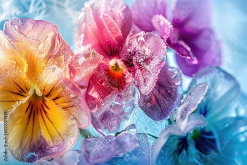 A close-up view of a bouquet of fresh flowers arranged in a decorative vase #878811990