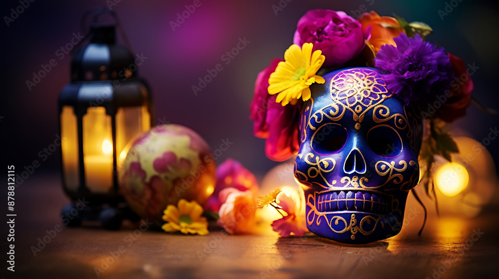 Purple, gold, and yellow Sugar Skull with flowers and candles for Day of the Dead celebration.
Purple, gold, and yellow Sugar Skull with flowers and candles for Day of the Dead celebration.