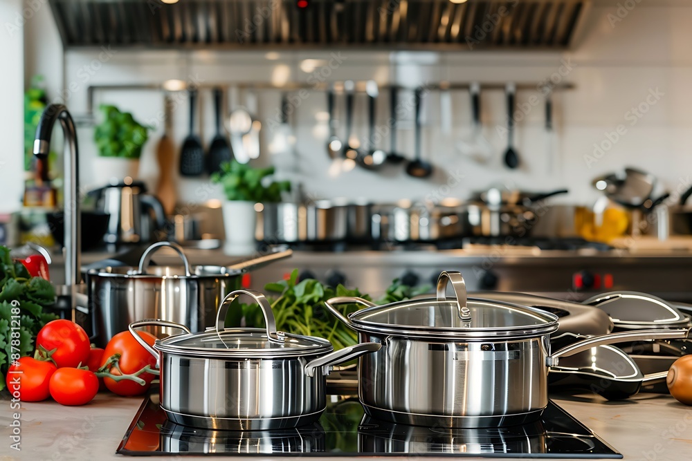 A set of high-end cookware with a chef's kitchen in the background A set of high-end cookware with a chef's kitchen in the background