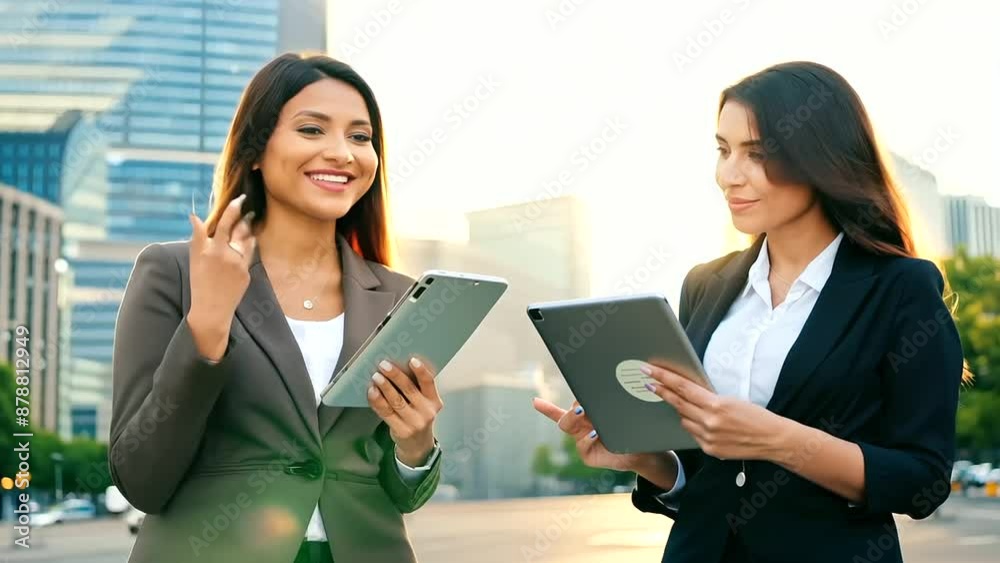 Two professional women collaborating on a project in an urban setting. Two professional women collaborating on a project in an urban setting.