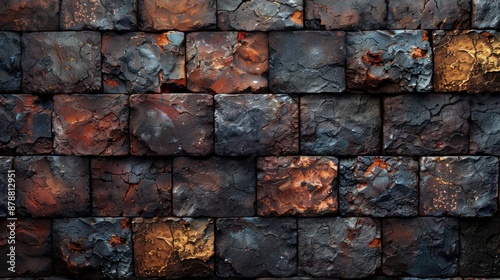 Old wall background with stained aged bricks, the black wall surface uses a lot of bricks. or old black brick wall abstract pattern.