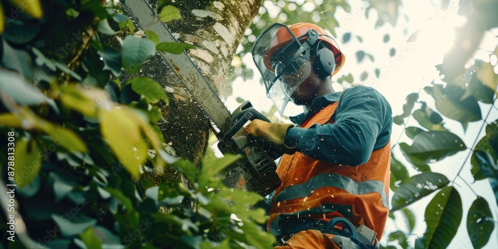 A person using a chainsaw to cut down a tree, possibly for logging or pruning purposes A person using a chainsaw to cut down a tree, possibly for logging or pruning purposes