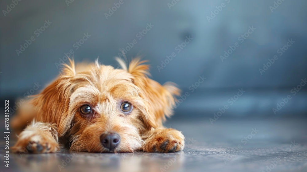 Lonely puppy on floor gazing sideways Young fluffy male morkie Coat needs trim Lonely puppy on floor gazing sideways Young fluffy male morkie Coat needs trim