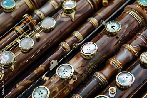 A set of musical instruments, each inlaid with mother-of-pearl buttons