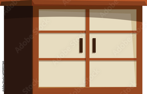 Simple wooden cabinet with sliding doors standing on the floor, element of furniture in cartoon style