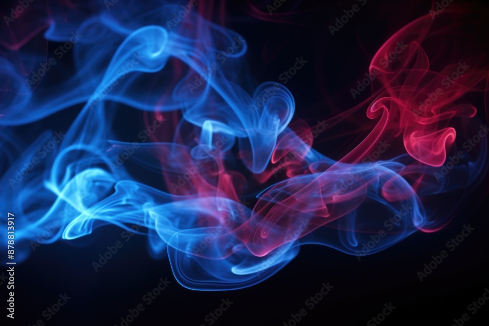 Artificial smoke in red blue light on black background in darkness Artificial smoke in red blue light on black background in darkness