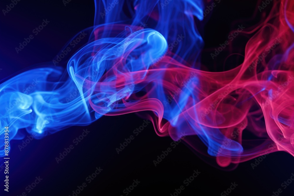 Artificial smoke in red blue light on black background in darkness Artificial smoke in red blue light on black background in darkness