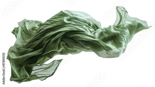 A green scarf is soaring through the air, its movement captured in mid-flight