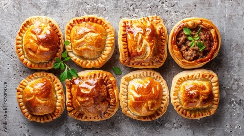 Delicious mini meat pies with unique shapes on a gray background © Emin