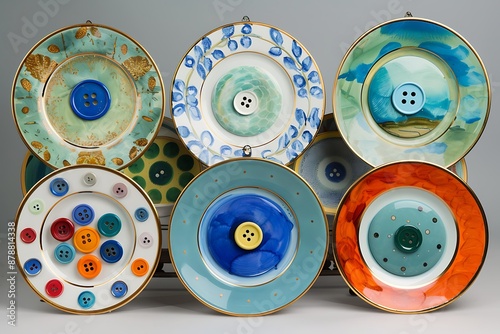 A set of ornamental plates, each painted with a different button-themed design
