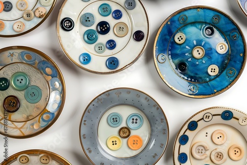 A set of ornamental plates, each painted with a different button-themed design
