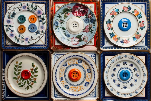 A set of ornamental plates, each painted with a different button-themed design