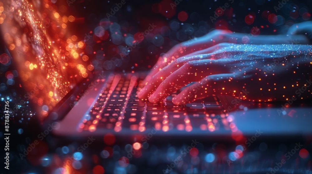 Obraz premium Using a laptop with data and icons, in light navy and light azure colors, abstract structures, mechanical designs, glass as a material, selective focus