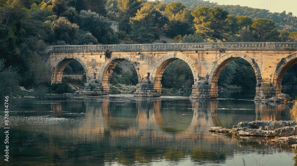 Fototapeta premium A wooden bridge spanning a serene lake or river, surrounded by lush greenery and tall trees