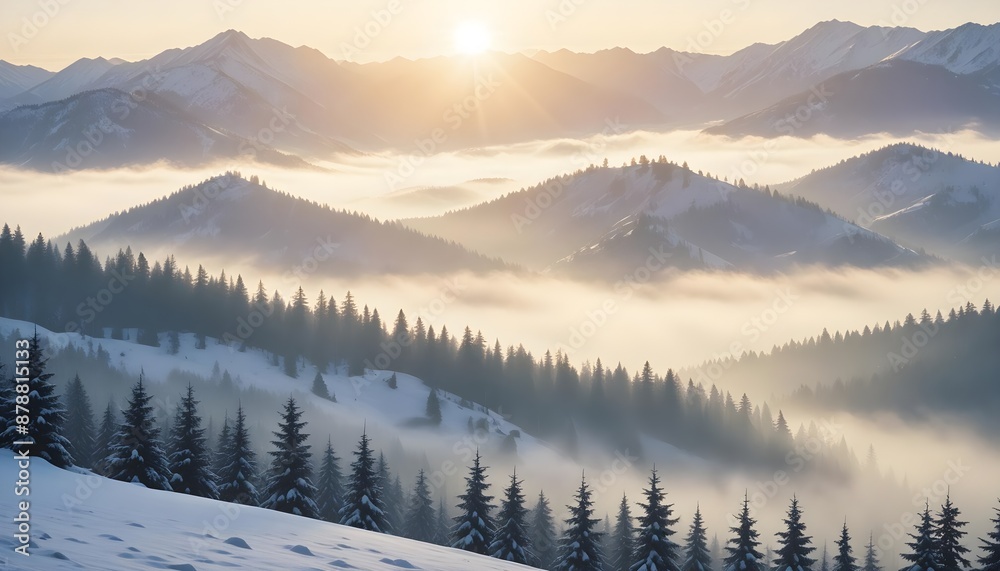 mountain layers and sunrise view in cold and foggy weather. mountain layers and sunrise view in cold and foggy weather.