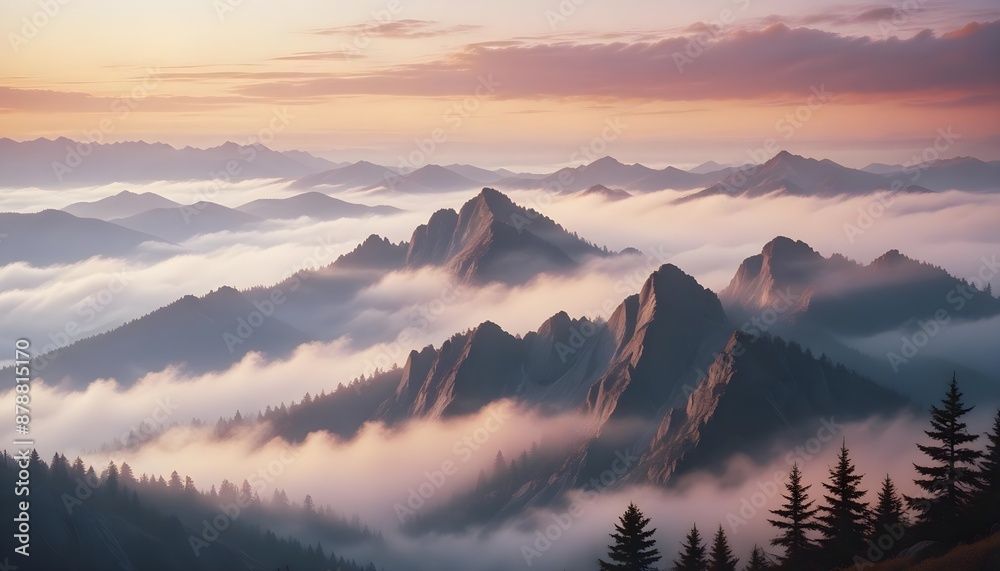 mountain layers and sunrise view in cold and foggy weather. mountain layers and sunrise view in cold and foggy weather.
