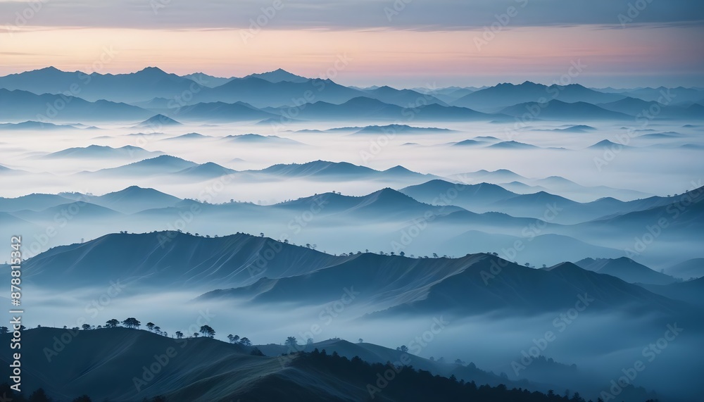 mountain layers and sunrise view in cold and foggy weather.