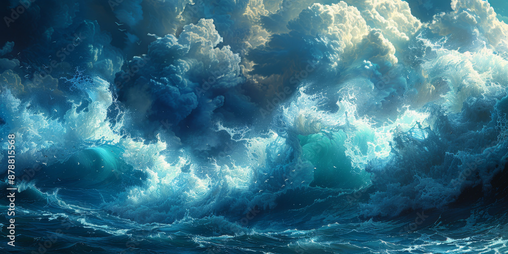 Fototapeta premium 青い海と白い砂浜の水彩画