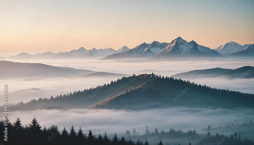 Fototapeta premium mountain layers and sunrise view in cold and foggy weather.