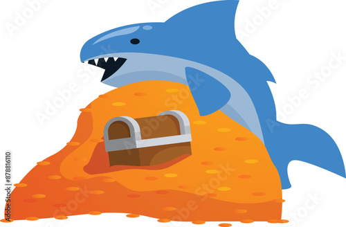 Cartoon illustration of a blue shark guarding a treasure chest on a pile of gold coins