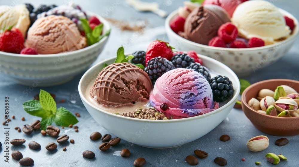 gourmet treat for the summer! Enjoy handcrafted ice cream presented in bowls with a stunning view, loaded with fresh berries, macaroons, coffee beans, pistachios, and chocolate. gourmet treat for the summer! Enjoy handcrafted ice cream presented in bowls with a stunning view, loaded with fresh berries, macaroons, coffee beans, pistachios, and chocolate.