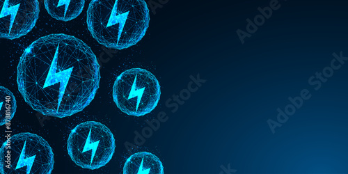Energy storage solution, sustainable power innovation futuristic banner on dark blue background.