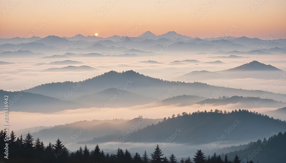 mountain layers and sunrise view in cold and foggy weather. mountain layers and sunrise view in cold and foggy weather.