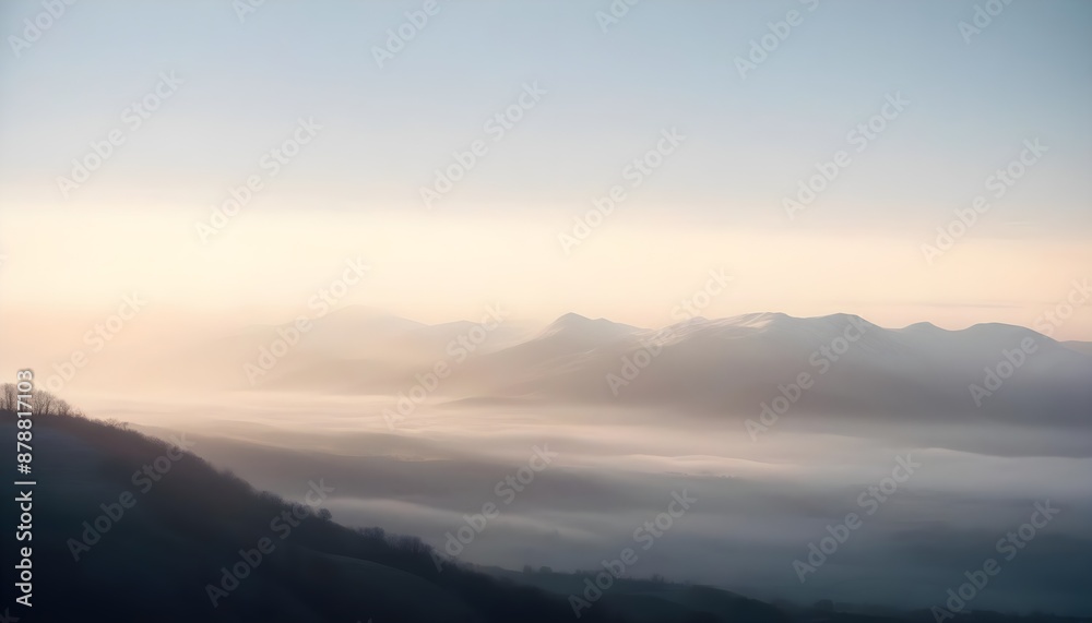 Obraz premium mountain layers and sunrise view in cold and foggy weather.