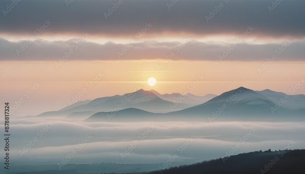 mountain layers and sunrise view in cold and foggy weather. mountain layers and sunrise view in cold and foggy weather.