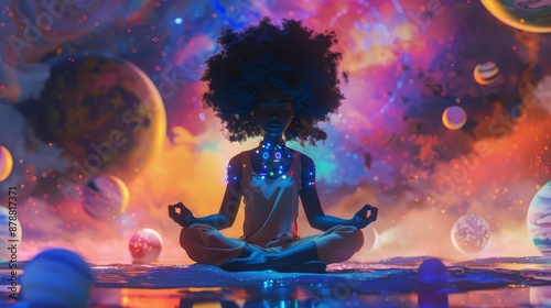 Animation of an African American person meditating in a spacescape without anyone around photo