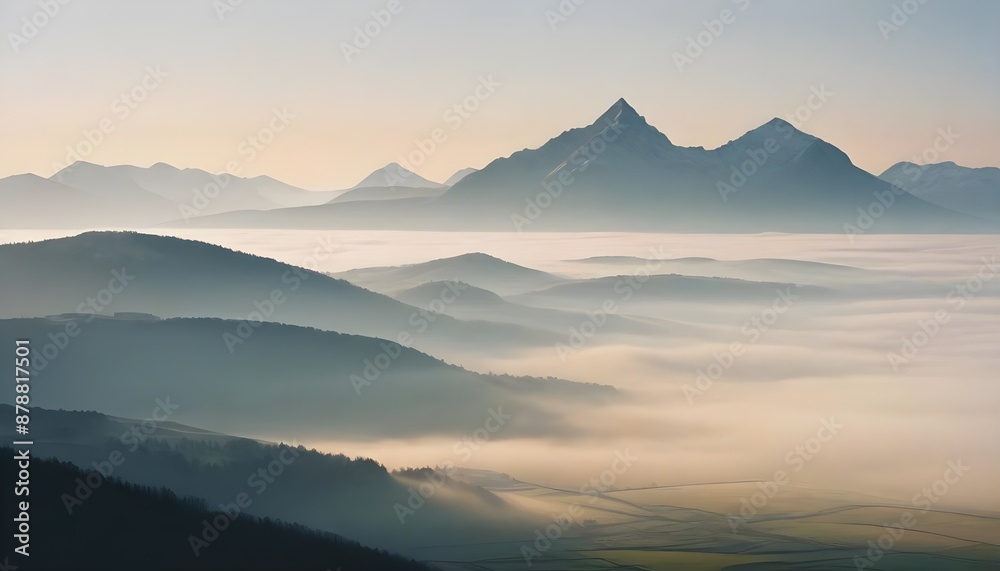 Obraz premium mountain layers and sunrise view in cold and foggy weather.