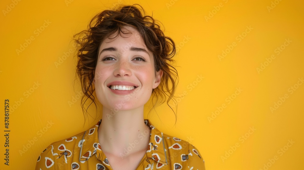 Portrait of a happy smiling woman against a bright yellow background Portrait of a happy smiling woman against a bright yellow background