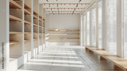 Fototapeta Naklejka Na Ścianę i Meble -  Empty modern retail space with wooden shelving and bench