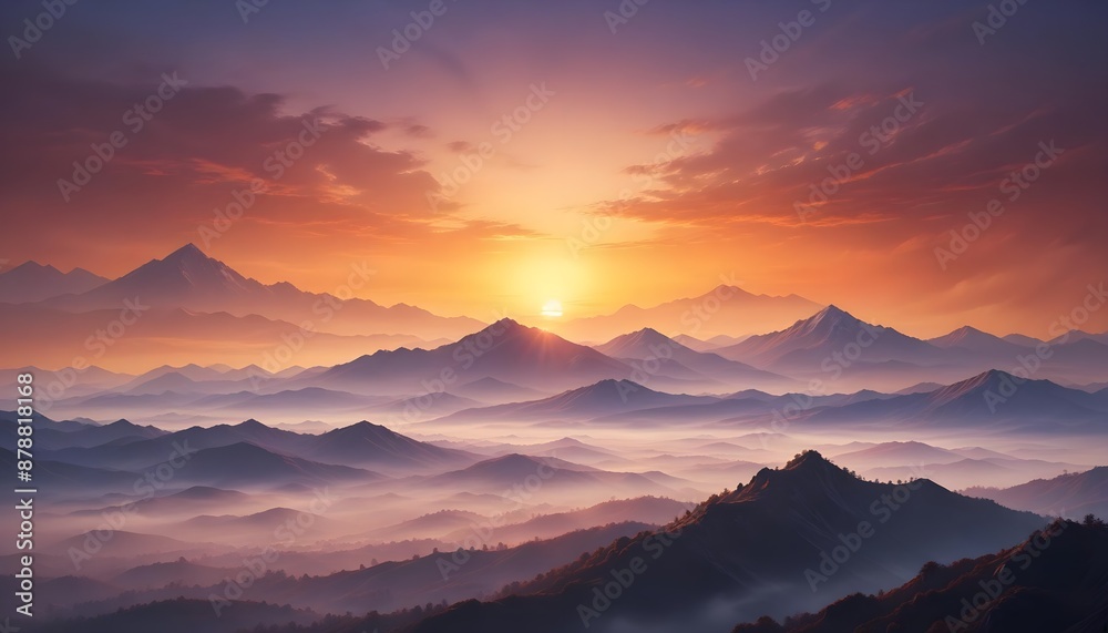 mountain layers and sunrise view in cold and foggy weather. mountain layers and sunrise view in cold and foggy weather.