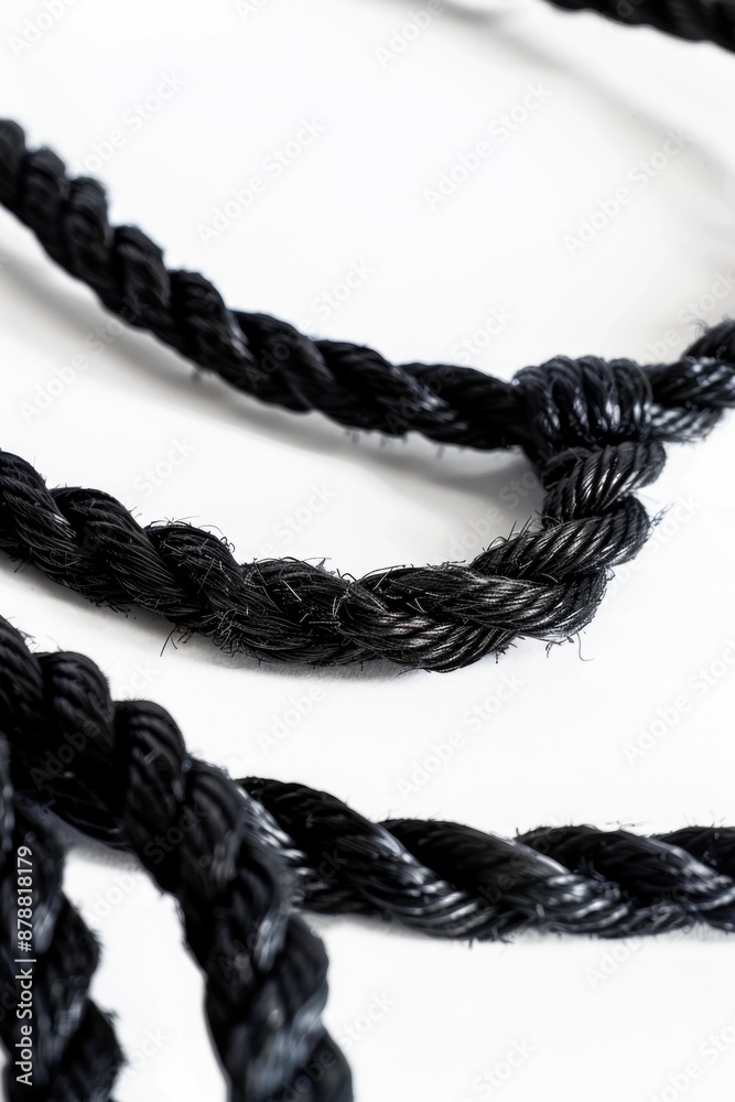 Close-up shot of a black rope lying flat on a white background, suitable for use in designs and layouts where texture and contrast are important Close-up shot of a black rope lying flat on a white background, suitable for use in designs and layouts where texture and contrast are important
