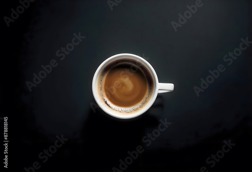 Top view of a cup of coffee on black background with space for text