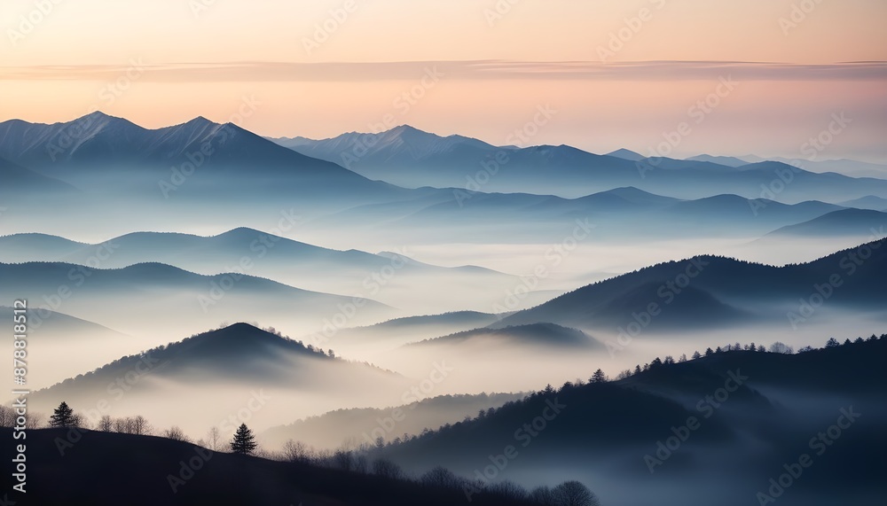 mountain layers and sunrise view in cold and foggy weather. mountain layers and sunrise view in cold and foggy weather.