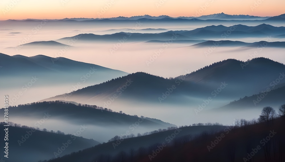 mountain layers and sunrise view in cold and foggy weather. mountain layers and sunrise view in cold and foggy weather.