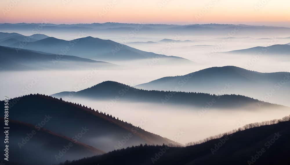 Obraz premium mountain layers and sunrise view in cold and foggy weather.