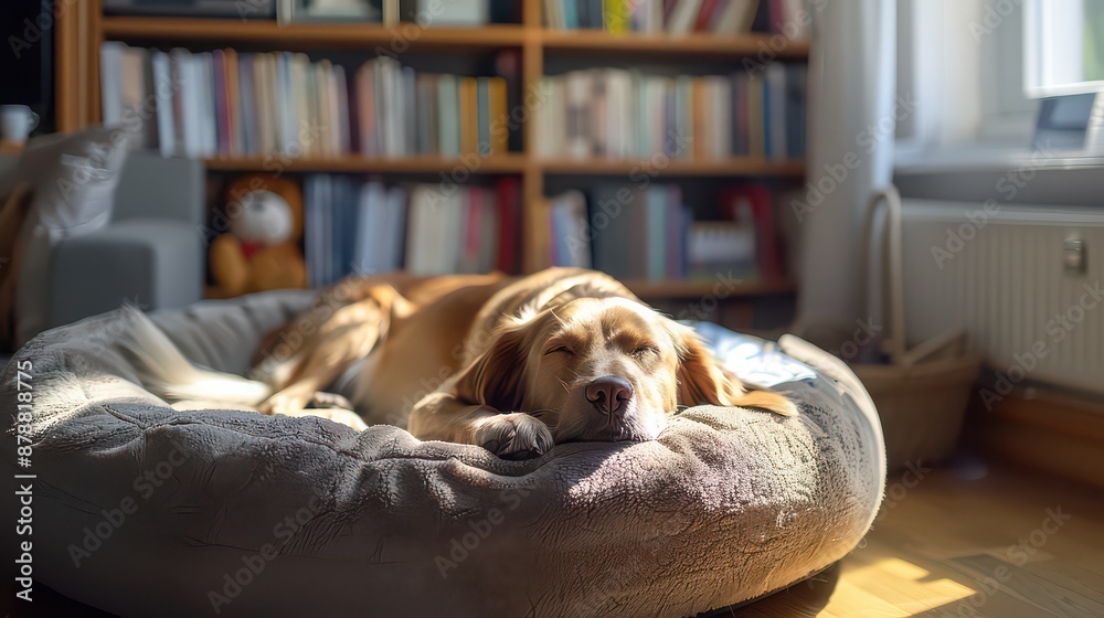 Labrador Dog Sleeping on Dog Bed at Home with Bookshelf Background Photo