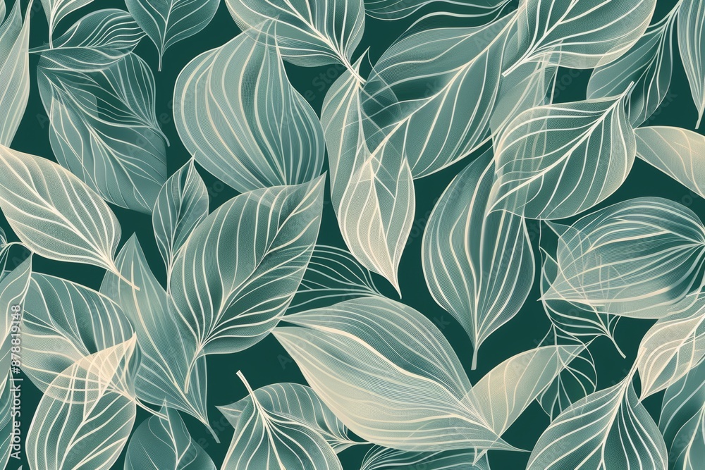 Abstract leaves in a seamless pattern. Monochromatic colors, retro style. Stock image.