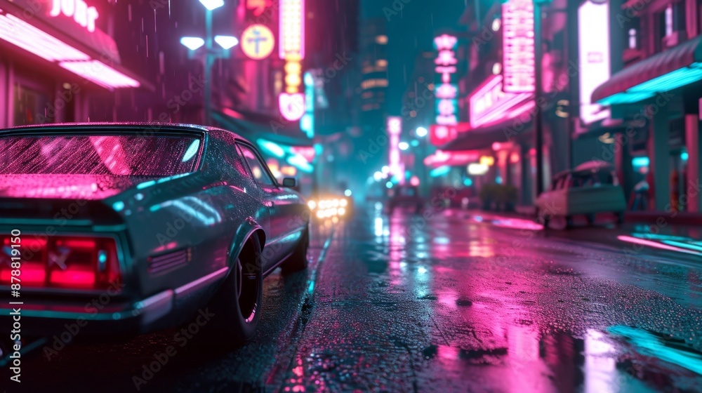 A sleek, futuristic car glides down a rain-soaked city street at night, surrounded by neon lights and towering skyscrapers.